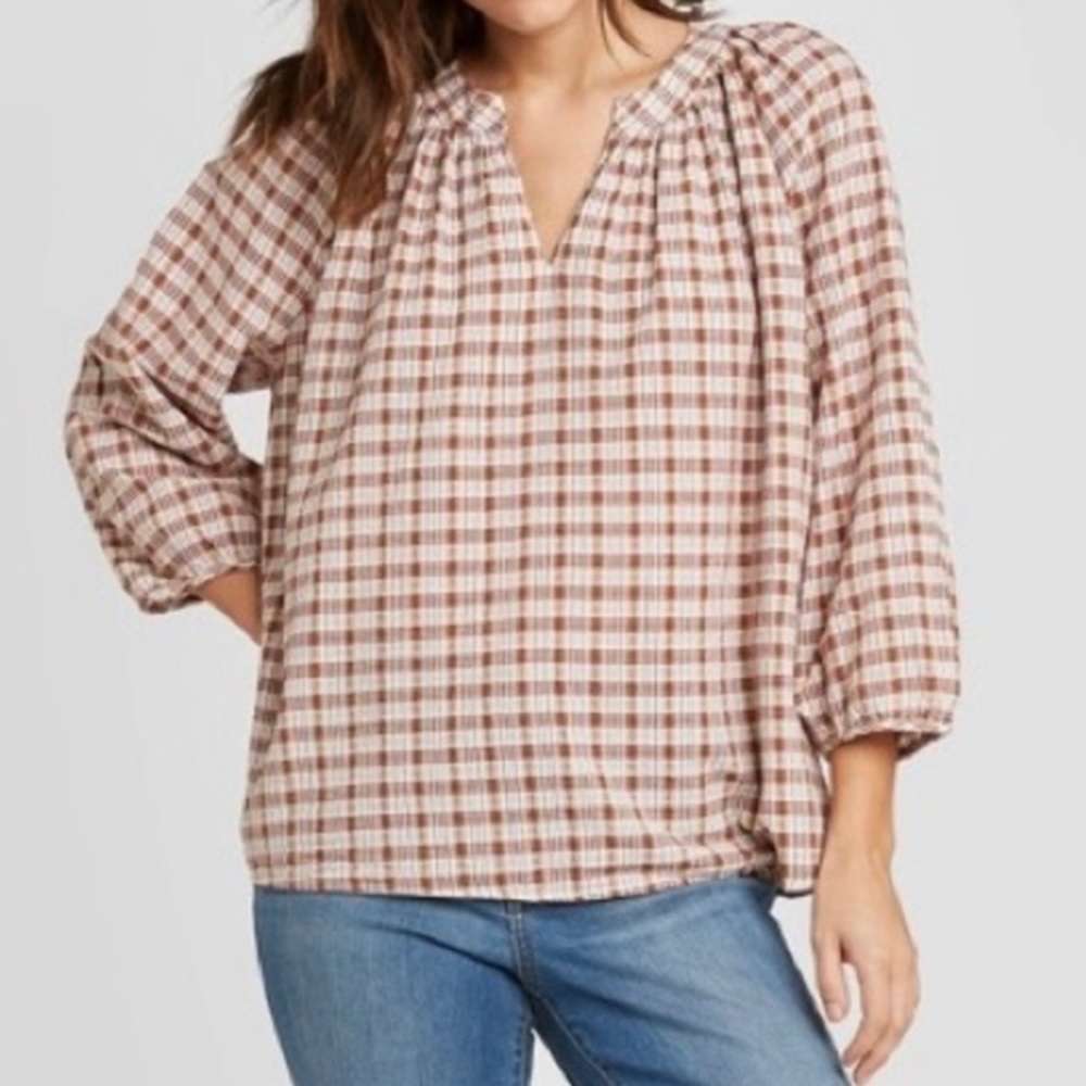 Universal Thread Plaid V-Neck Boho Peasant Blouse Size Extra Small - Picture 2 of 16